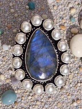 LABRADORITE AND PEARL TEARDROP STATEMENT RING SIZE 9